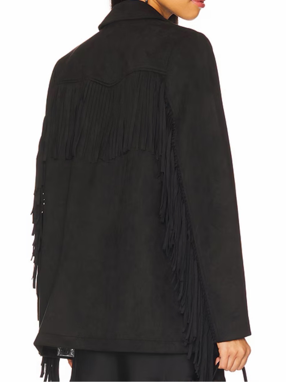 Sierra Fringe Jacket in Black Faux Suede